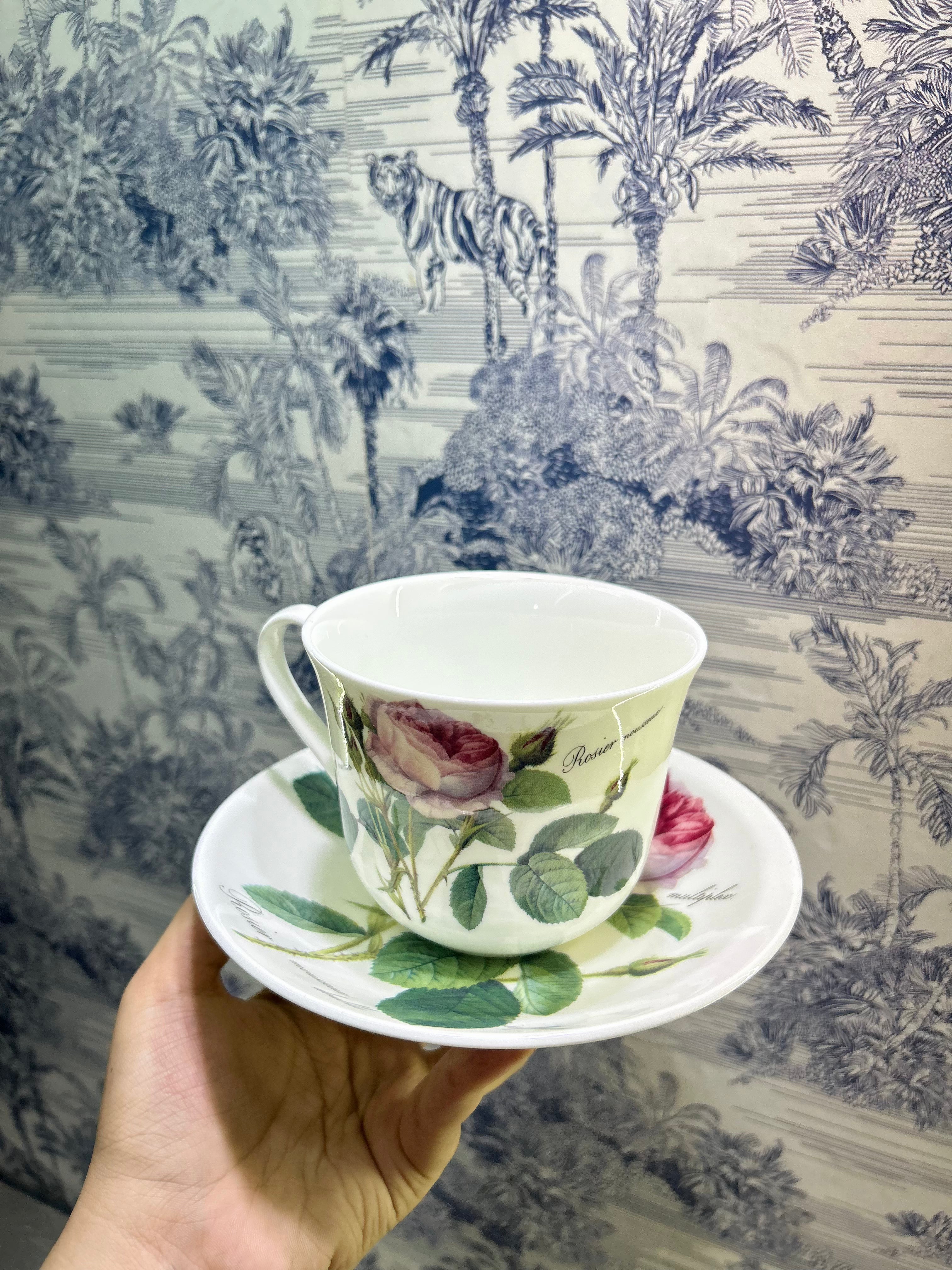 Vintage Roy Kirkham “Redouté Roses” Large Pink Moss Rose Teacup & Saucer— England