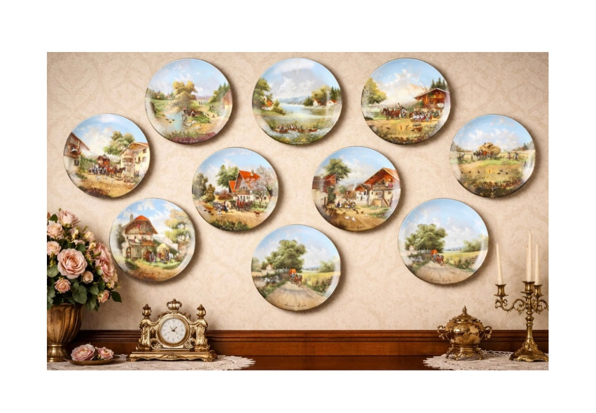 Vintage decorative wall plates, "Idyllic Village Life" 10 plates series by artist Christian Lückel for Seltmann Weiden — Germany 1980s