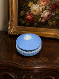 Wedgwood Blue Jasperware lidded trinket box — featuring white bas-relief floral garland