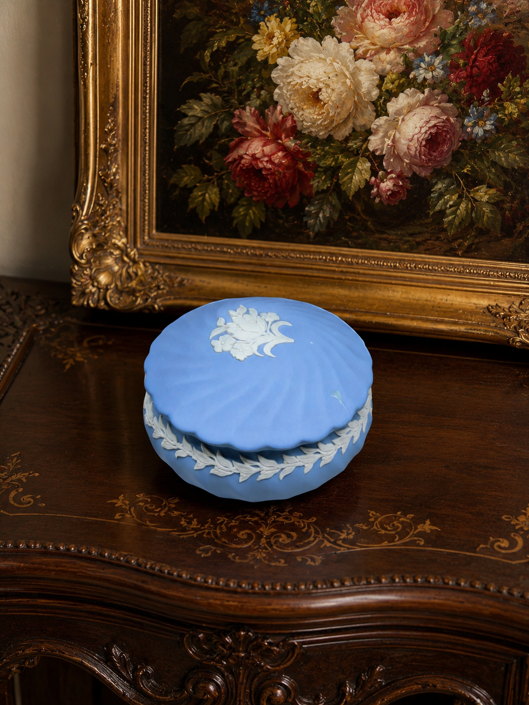 Wedgwood Blue Jasperware lidded trinket box — featuring white bas-relief floral garland